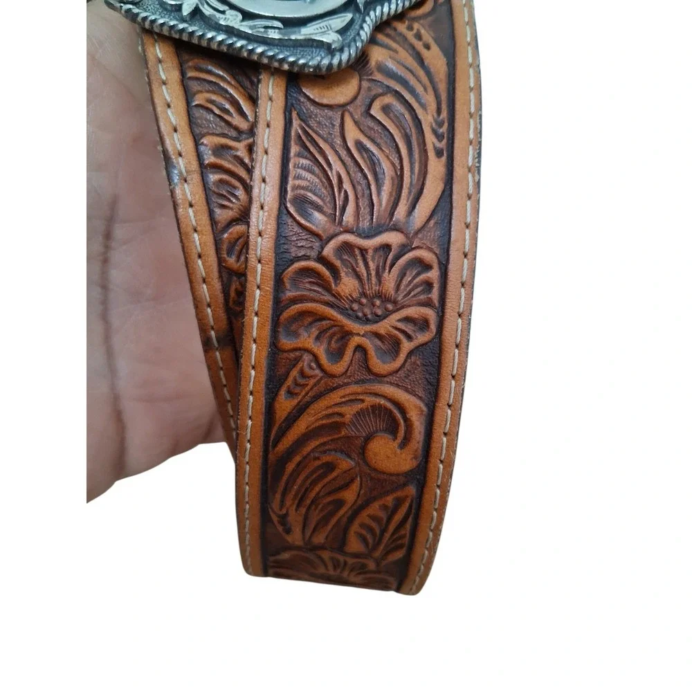 Justin Brown Tooled Leather Kids size 26 Little Trigger Western Belt & Buckle‎